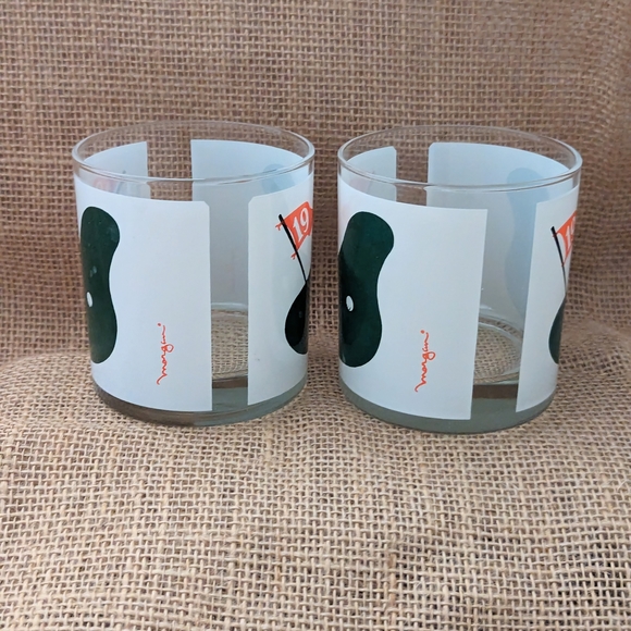 Set of 2 Morgan 19th Hole Golf Old Fashioned Glasses MCM Barware Green White Red - Picture 2 of 5